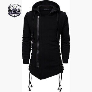 Men's Slim Fit Fleece Hooded Jacket with Asymmetrical Zipper and Side Lace